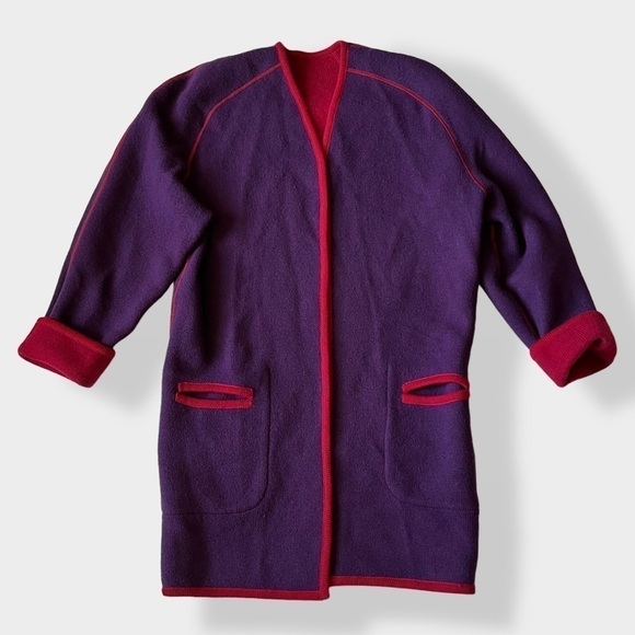 VTG 80s Coatigan Open Cardigan Reversible Knit Boxy Large Shoulder Red Purple 10 - Picture 12 of 14